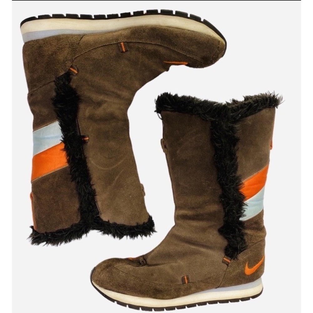 Nike Faux Fur Brown Winter Snow Boots Suede 7 women 311959-281 Swoosh Stripes